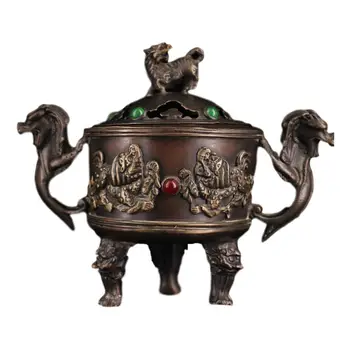 

LaoJunLu Pure Copper Inlaid Gemstone Lion Cover Evil Spirit Incense Burner Imitation antique bronze masterpiece collection of