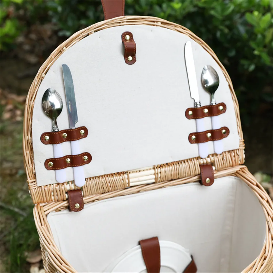 Rattan Trolley Picnic Basket Natural Wicker Weaving Lunch Baskets Wheels Family Outing Trip Picnic Bento Storage High Capacity