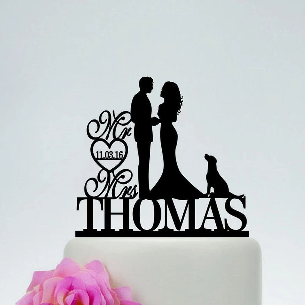 Personalized Mr and Mrs Cake Topper,Bride and Groom With Dog,Couple SilhouetteCake Topper,Custom Wedding Cake Topper with Date
