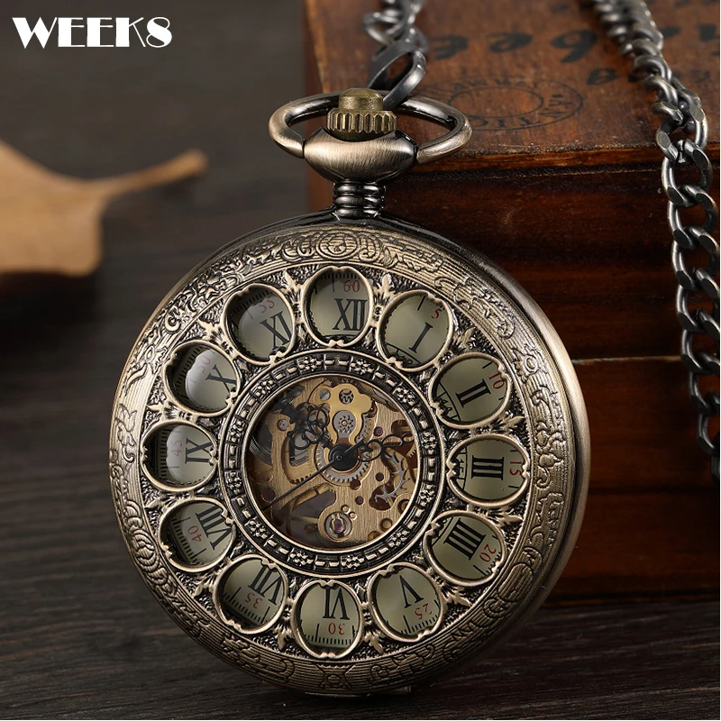 

Roman Numeral Mechanical Pocket Watch Luxury Bronze Hollow Case Vintage Antique Steampunk Skeleton Fob Chain Clock for Men Women