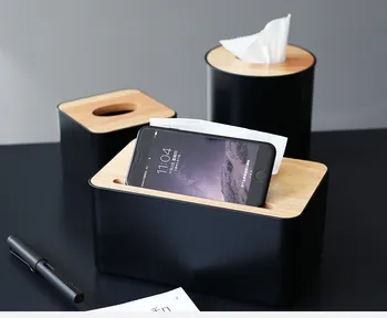 

Modern Black Color Tissue Containers with Phone Holder Wood Cover Seat Tyle Roll Paper Tissue Canister Cotton Pads Storage Box