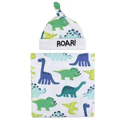Newborn Baby Blanket Cotton Swaddle With Headband Hat Anti-Startle Wrap Soft Dinosaur Moon Sleepsack Breastfeeding Blanket