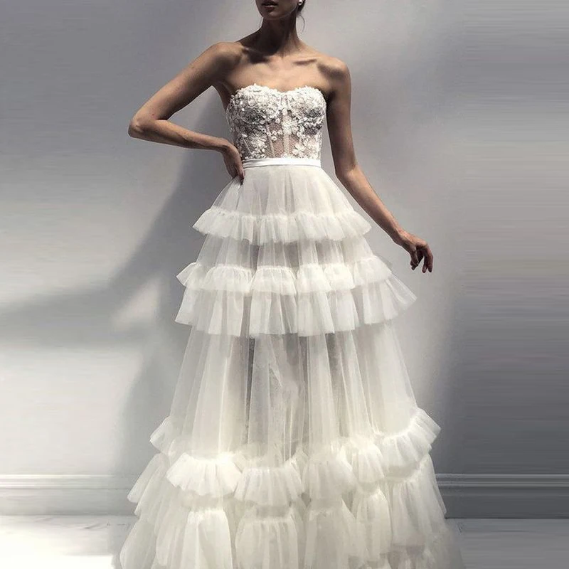 

Prom Dresses Long 2020 Lace Sweetheart Trendy Tulle Blush Tiere White Tulle High low Ruffles Evening Party Prom Girl Dress