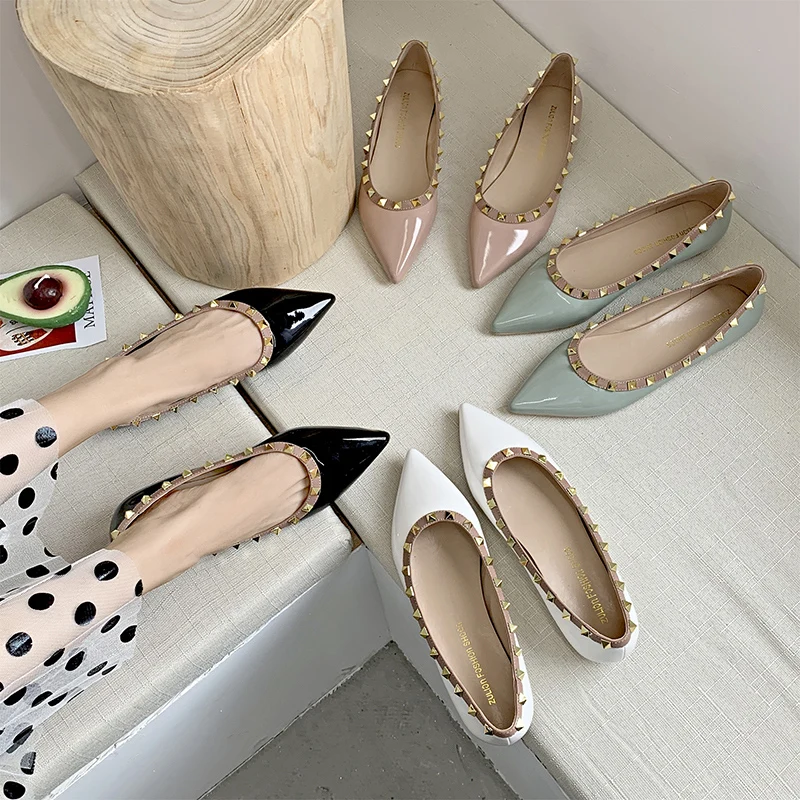 

Women shoes single shoes women's pointed rivets soft bottom shallow scoop flat shoes women rose gold shoes