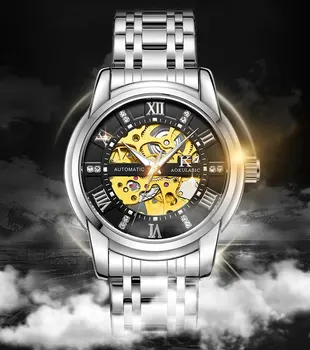 

Top Brand Luxury Mechanical Men Watches Skeleton Luminous Automatic Gold Waterproof Self-winding Clock Stainless Steel Strap