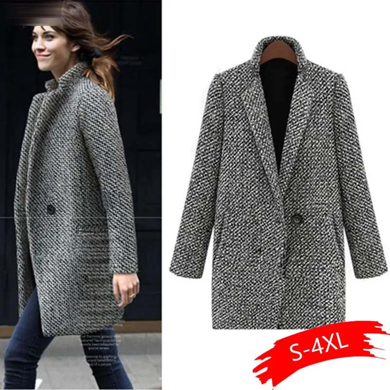 

Women Winter Casual Long Sleeve Houndstooth Button Coat Gray Autumn, Outerwear Casual, Street, Outdoor, etc