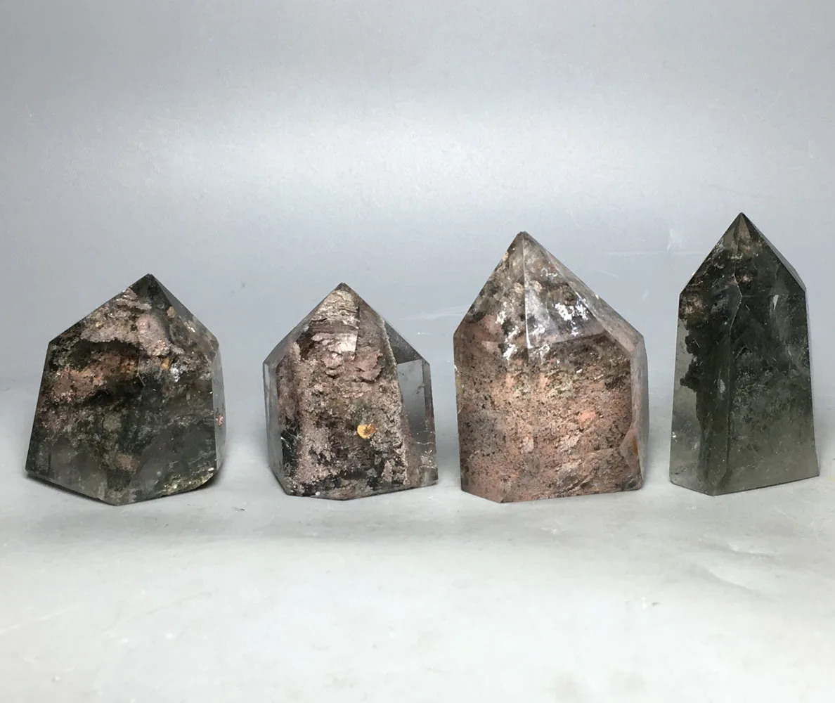 

133g 4pcs Natural Phantom Green Red Ghost QUARTZ Crystal wand Point HEALING fengshui