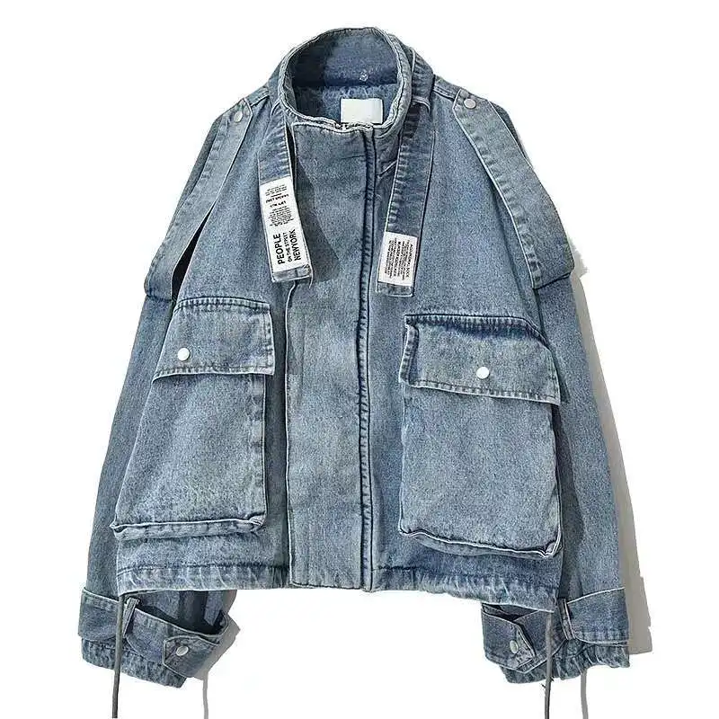 

Fall 2019 New Women Wear Loose Letter Decoration Stitching for Old Jeans Mandarin Collar Coats and Jackets Women