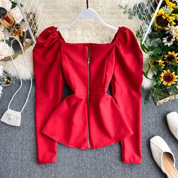 

Lady Retro Court Square Neck Zipper Slim Thin Long Sleeve Tops Women Solid Color Clothes Elegant Blouse K910