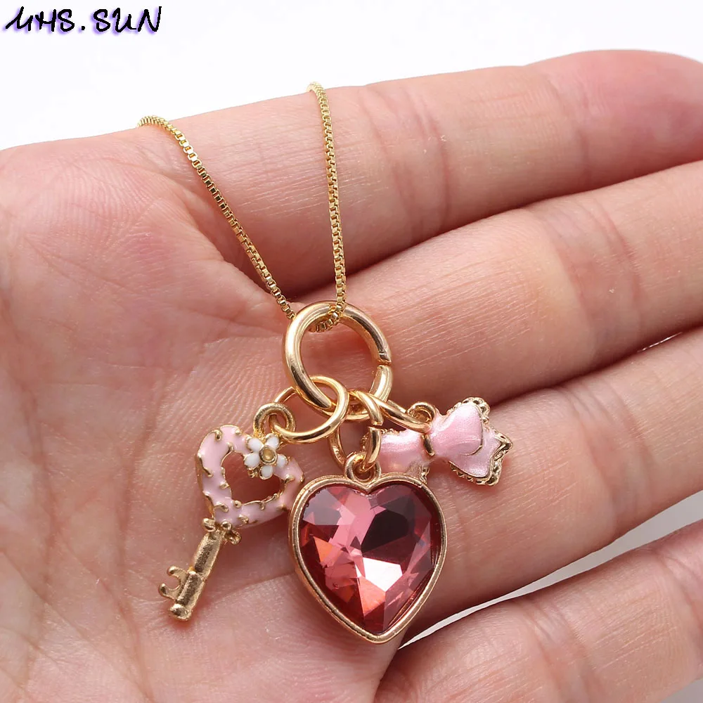 MHS.SUN Fashion Design Kids Girls Heart Flower Key Pendants Necklace Baby Child Charming Chain Necklace Jewelry Accessories New
