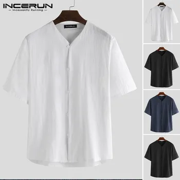 

INCERUN Chinese Style Men Shirt Short Sleeve 2020 Button V Neck Cotton Retro Casual Shirts Men Solid Streetwear Camisa Masculina