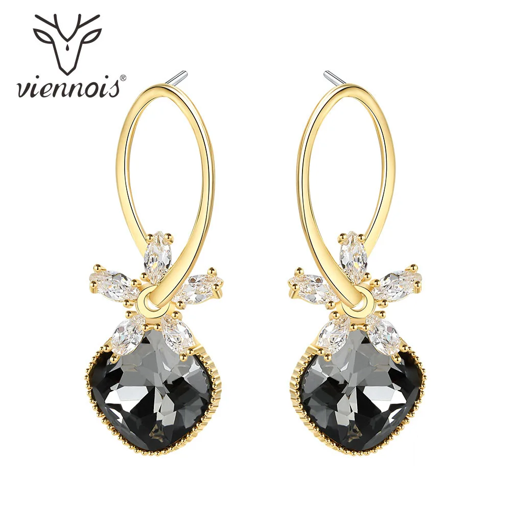 Viennois Korean Style Sweet Dangle Earrings For Women Black Rhinestone Crystal Flower Drop Fashion Jewelry | Украшения и
