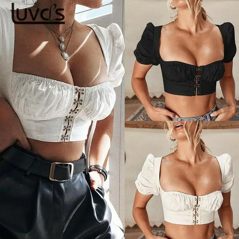 

1 PCS Women Black/White Puff Sleeve Top Summer Ladies Square Collar Vest Tank Tops T-Shirt Casual Sexy Women Slim Crop Top