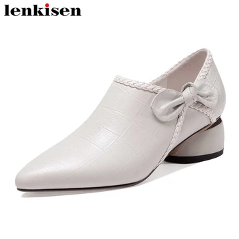 

Lenkisen large size natural leather pointed toe med heel women shoes butterfly-knot beauty lady Korean street sweet pumps L16