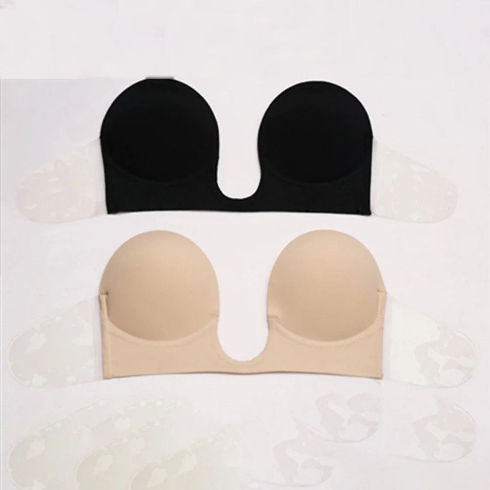 Women Sexy Push Up Bra Seamless Self-adhesive Invisible Deep U Breathable Bra Wedding Party Dress Strapless Invisible Breast Bra