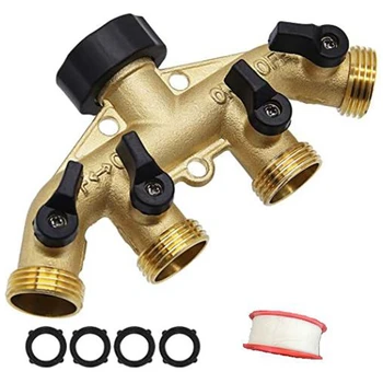 

4 Way Heavy Duty Brass Garden Hose Splitter, Hose Connector 3/4 inch, Hose Spigot Adapter with 4 Valves
