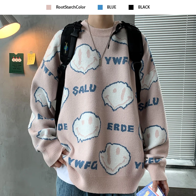 Pullover Sweater Letters Face-Knitted Trend-Printed Smiley Loose Slim Mens Winter Cartoon