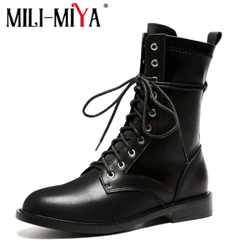 

MILI-MIYA Fashion Ankle Boots For Women Genuine Leather Shoes Lace Up Square Low Heels Round Toe Ladies Motorcycle Handmade