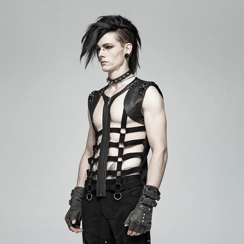 

PUNK RAVE Men's Punk Vest Black Skeleton Pu Personality Hollow-out Vest with Metal Leather Tab and Eyelet Trim Men Tank Tops