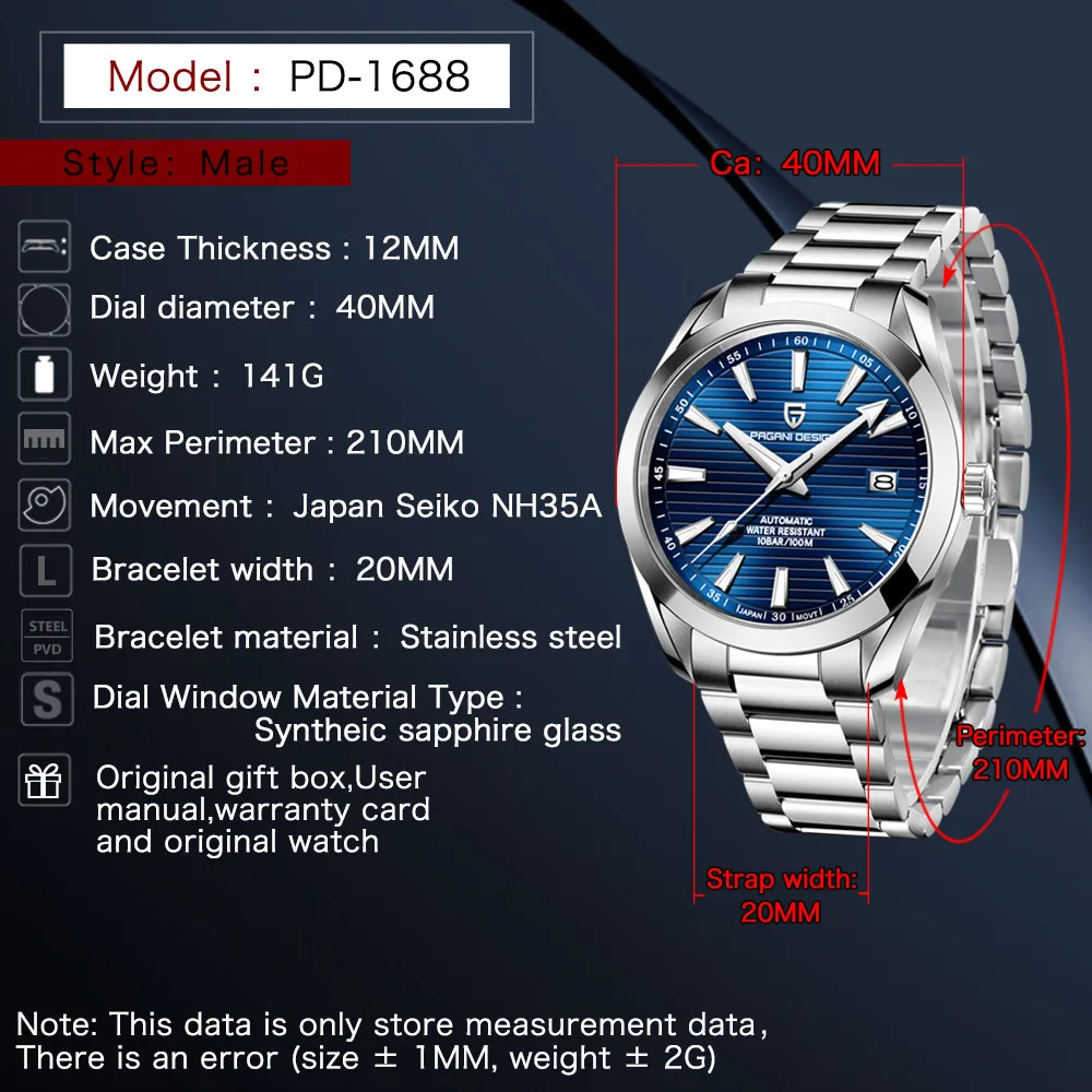 PAGANI DESIGN 40mm Dial Watches 100M Waterproof Luminous Automatic Mechanical Stainless Steel Watch For Men Relogio Masculino
