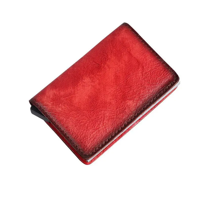 Кредитный держатель для карт Мужской винтажный Автоматический Алюминиевый Rfid кошелек мини кошелек унисекс кожаный защитный чехол для паспорта Умный кошелек - Color: Red