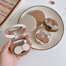 1pc Contact Lens Care Companion Case with Mirror Cute Solid Color Portable Round Box Cosmetic Contact Lenses Storage Case