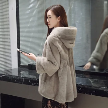 

2019 winter new real mink fur coat full mink fur coat long section with hooded nine-point sleeves fashion simple mink coat