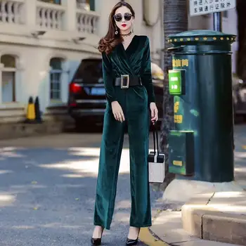 

Womens 2020 Autumn Winter Gold Velvet Jumpsuit Long Pants Female New Sexy V-neck Long Sleeve Working Rompers With Sashes N246