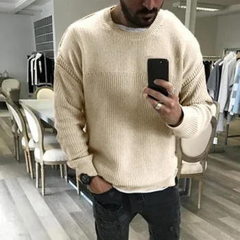 

2019 Mens Autumn and Winter Slim Long Sleeved Round Neck Pullover Sweater Male Solid Loose Sweater Casual Tops