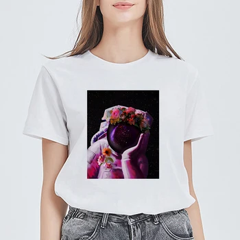 

Harajuku astronaut flower ropa mujer streetwear punk white cotton breathable top T-shirt women