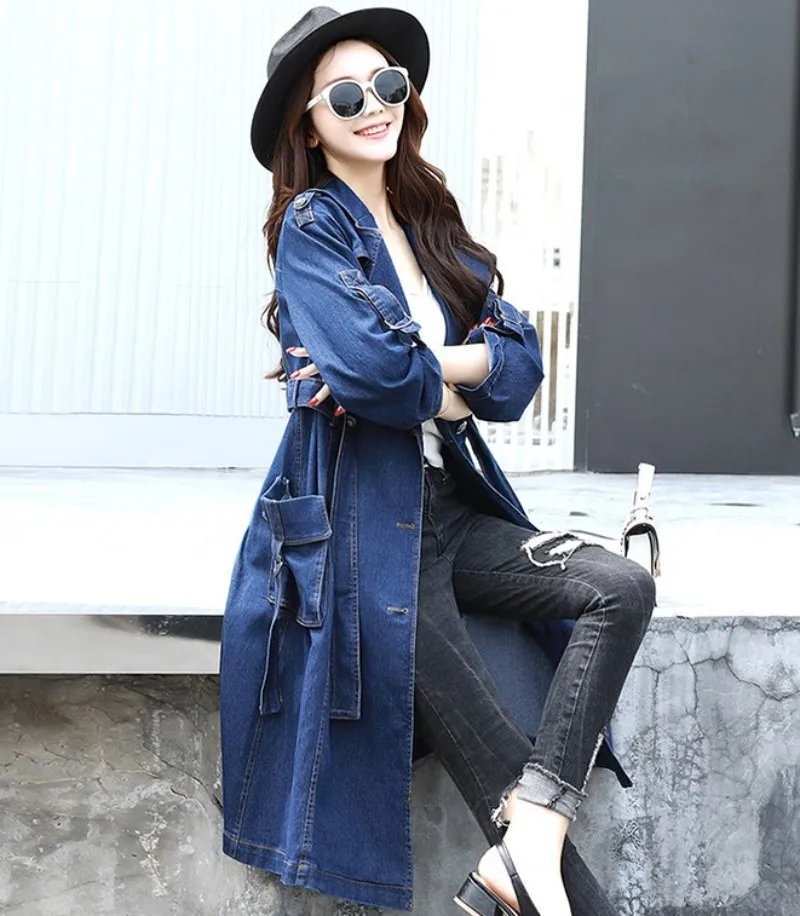 British Style Womens Trench Coat New Fashion Slim Fit Belt Coat Female Casual Double Breasted Pocket Long Denim Windbreaker