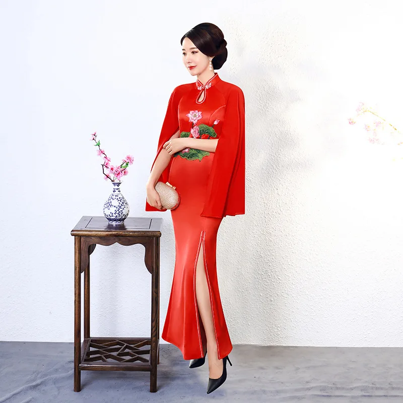 Китайский традиционный Чонсам Летающий рукав печать длинный Cheongsam шоу костюм Ципао платье Vestido Плюс размер S-5XL