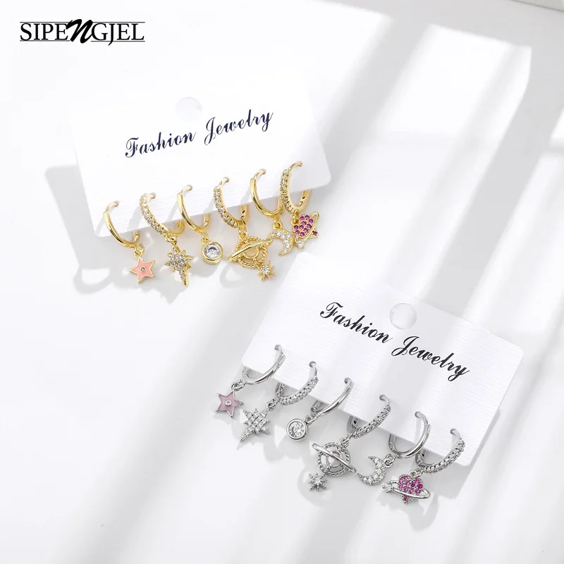 Earrings-Sets Women Jewelry Star Gold Cubic-Ziconia-Moon Pink Fashion 6sets 