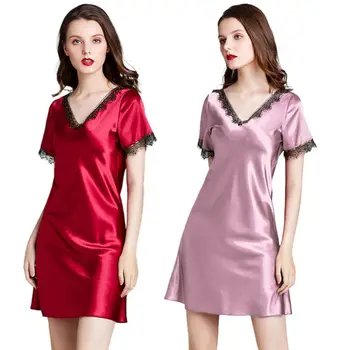 

Women Imitation Silk Short Sleeve V-Neck Eyelash Floral Lace Nightgown