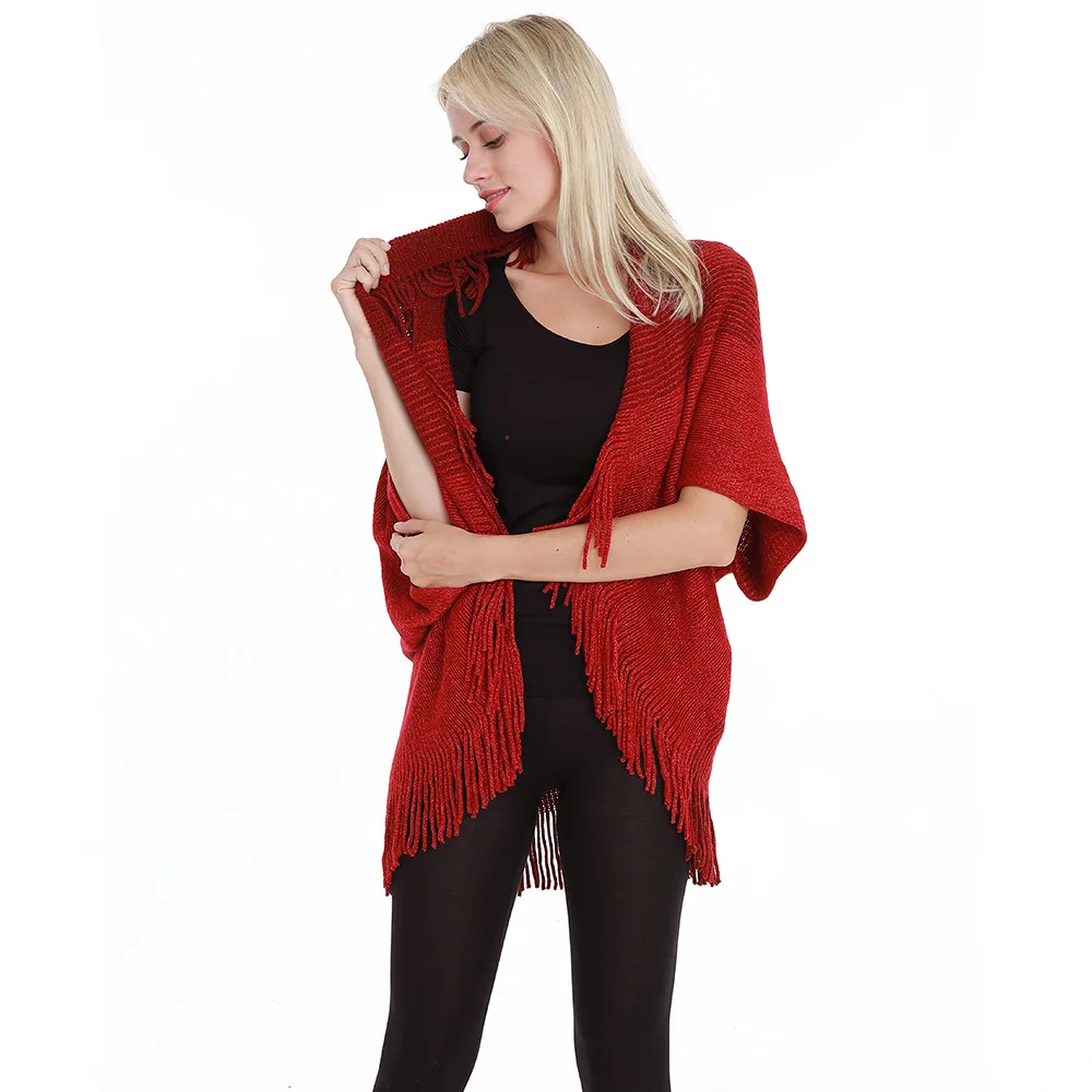 Winter Thick Knit Tassel V-neck Women Poncho Batwing Sleeve Cardigan Cape For Women Large Knitwear Coat Cotton Ladies Shawls