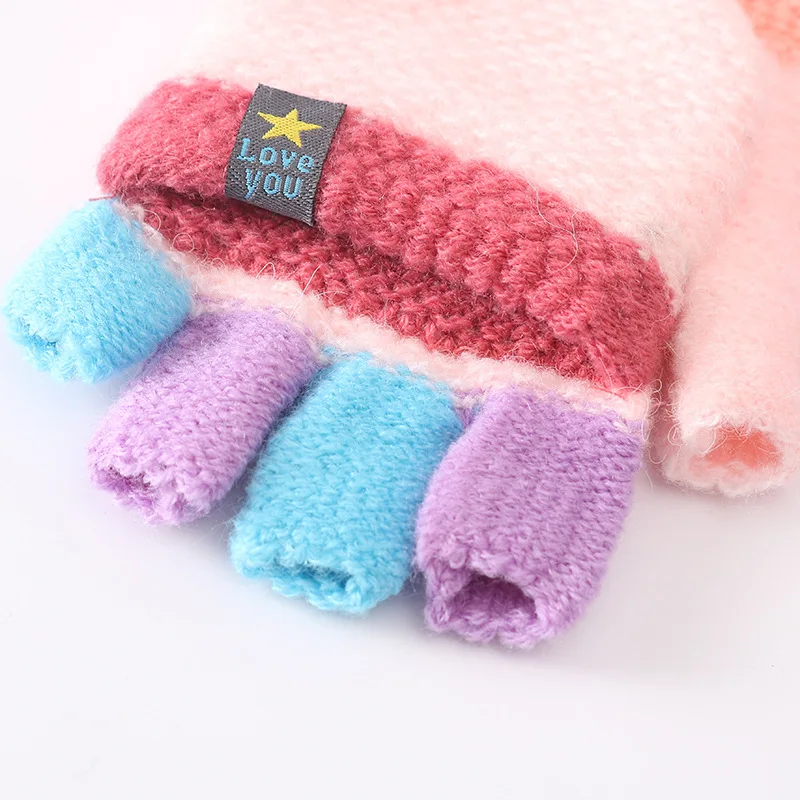 5-12 Year Old Children's Winter Acrylic Thick Knit Warm Half Finger Flip Mittens Cartoon Dog Touch Screen Writing Gloves C94