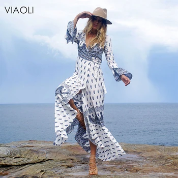 

VIAOLI Summer Women Kaftan Beach Cardigan Long Bikini Cover Ups Pareo Beach Tunic Dress Bohemia Polyester Bathing Suit Cover Up