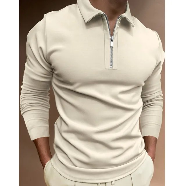 2021 Autumn Streetwear Men Fashion Long Sleeve Polo Shirts Casual Loose Turn-down Collar Zipper Tops Men Slim Polo Shirts CXPLS-10khaki