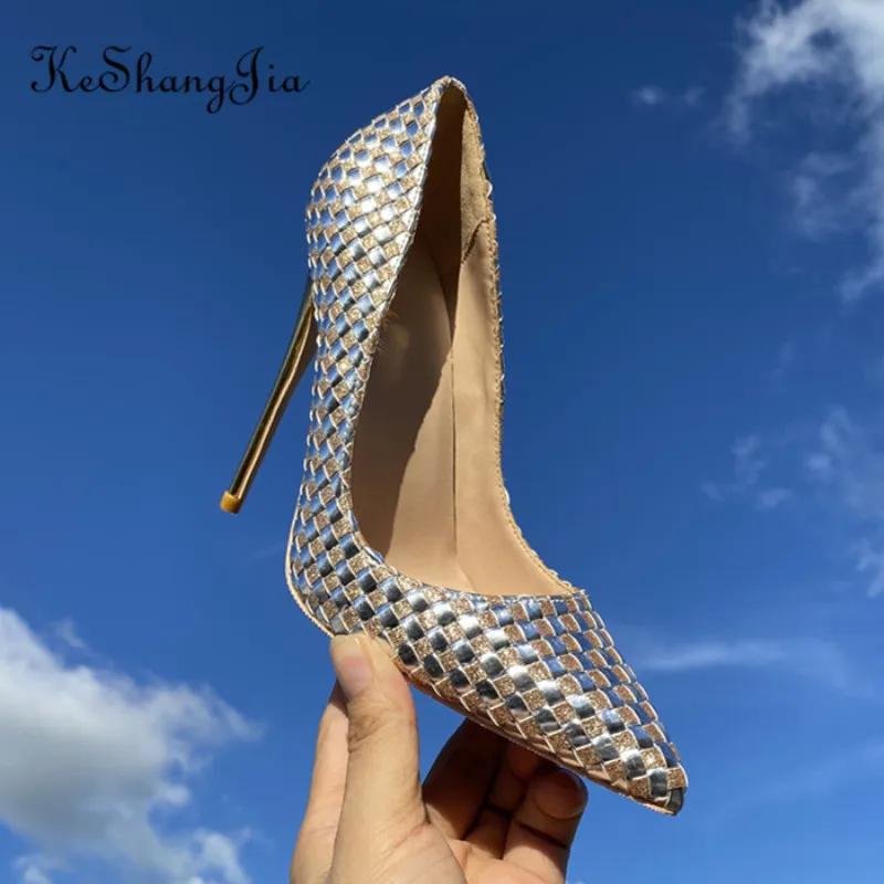 

Ke Shang Jia Shiny Plaid Women Stilettos High Heels Bling Party Dress Shoes Ladies Ponited Toe Slip On Pumps Size 33-46