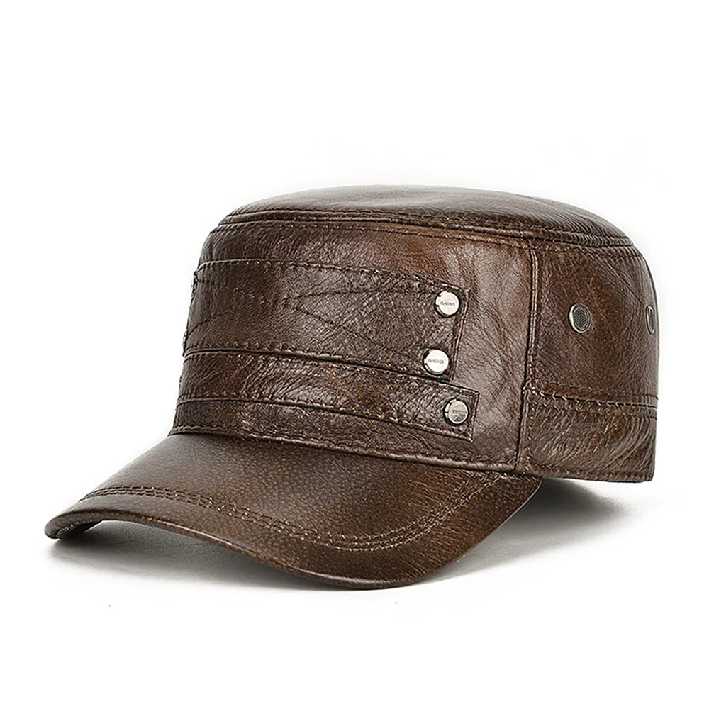 [AETRENDS] натуральная кожа плоские армейские военные шапки для мужчин, зимняя теплая шапка для папы с ушками, Кепка водителя грузовика, Z-10098 - Цвет: Brown