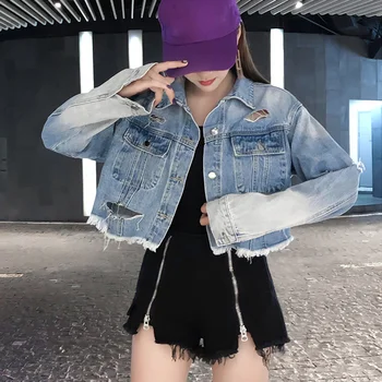 

2020 New Korean Version Of The Retro Denim Jacket Loose Jacket Short Hole Denim Tops Female Autumn Jackets Coats Long Sleeve