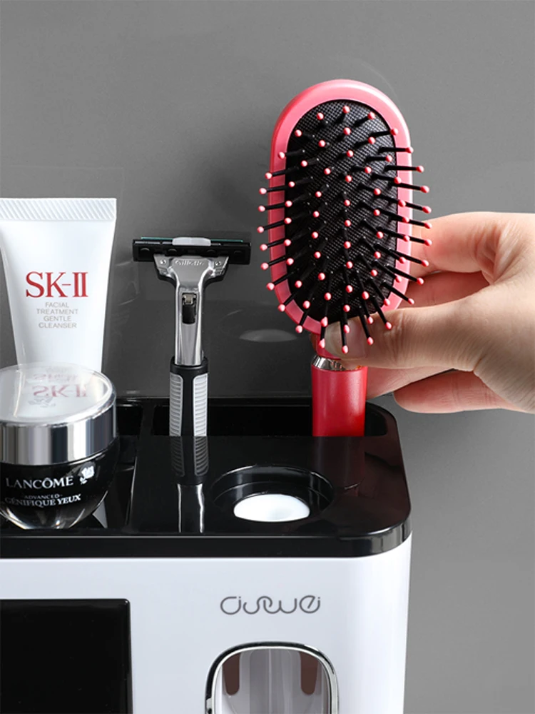 Toothbrush Holder Wall-Mounted Bathroom Accessories Punch-Free Storage Box Toothpaste Squeezer For Bathroom with cups 2 colors