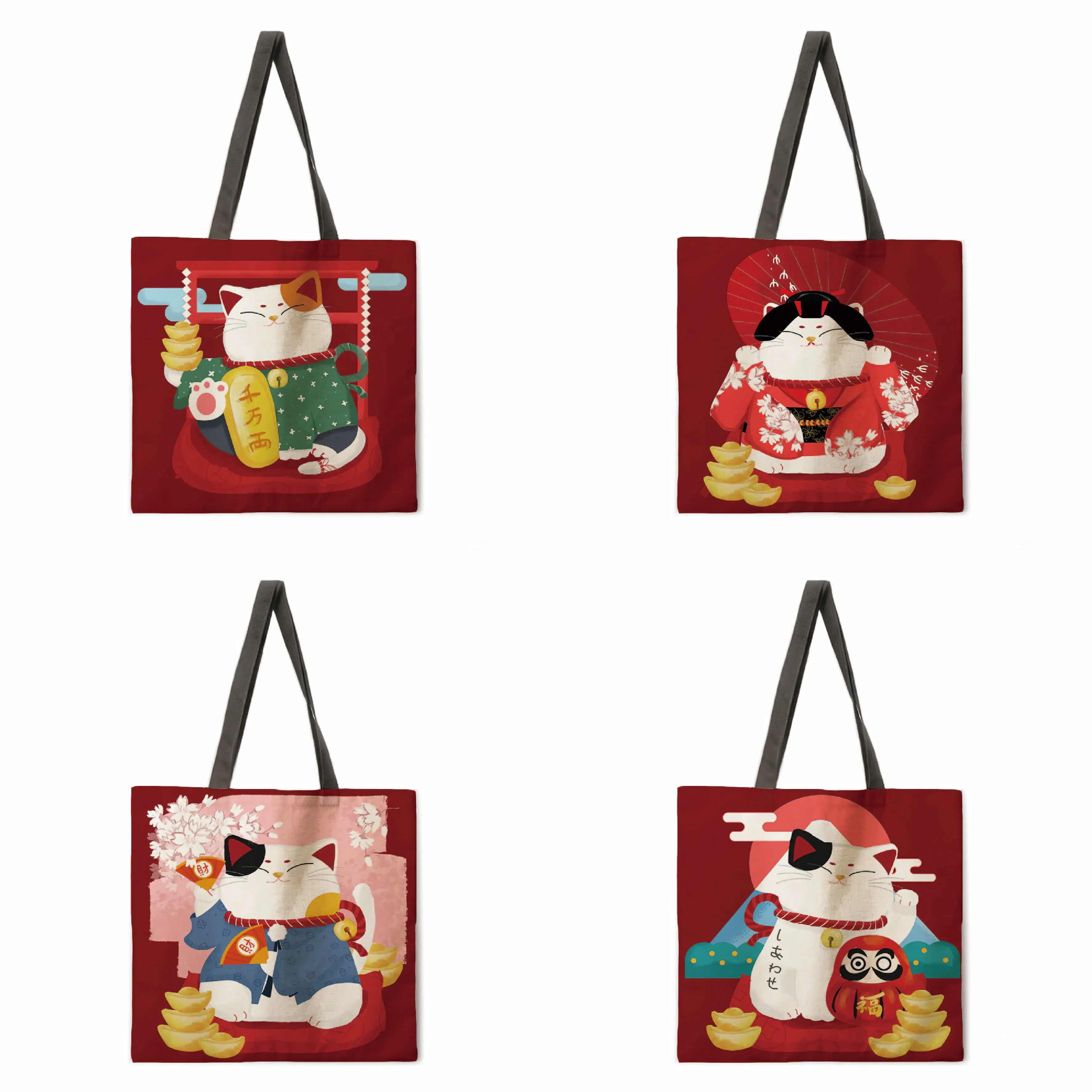 

Folding shopping bag red lucky cat lady shoulder bag female leisure handbag outdoor beach bag female tote bag