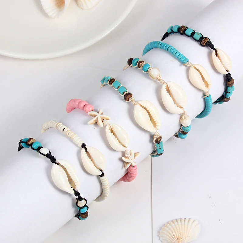 Bohemian 12pcs/lot Shell Charms Braided Bracelet For Women Child Crystal Bead Adjustable Rope Chain Anklet Jewelry