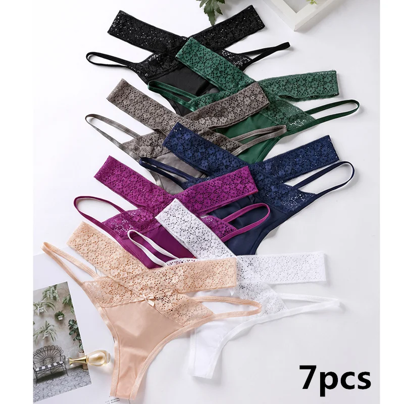 7pcs Women's Underwear Sexy Lace Panties Transparent Low-waist Underpant Hollow Out Thong Female Seamless G-string  Lingerie