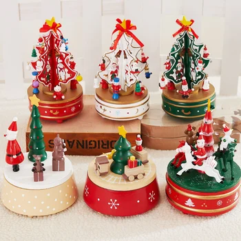 

Newly Wooden Music Box Holiday Gift Christmas Decor Xmas Tree Shape Rotate Musical Box for Birthday Wedding TE889