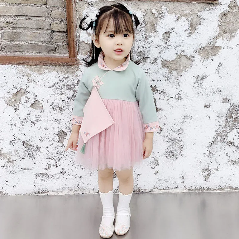 

1-5T Baby Girls Cute Sweet Dress Kids Girl Chinese Style Embroidered Buckle Mesh Princess Dress Toddler Children Hanfu Cheongsam