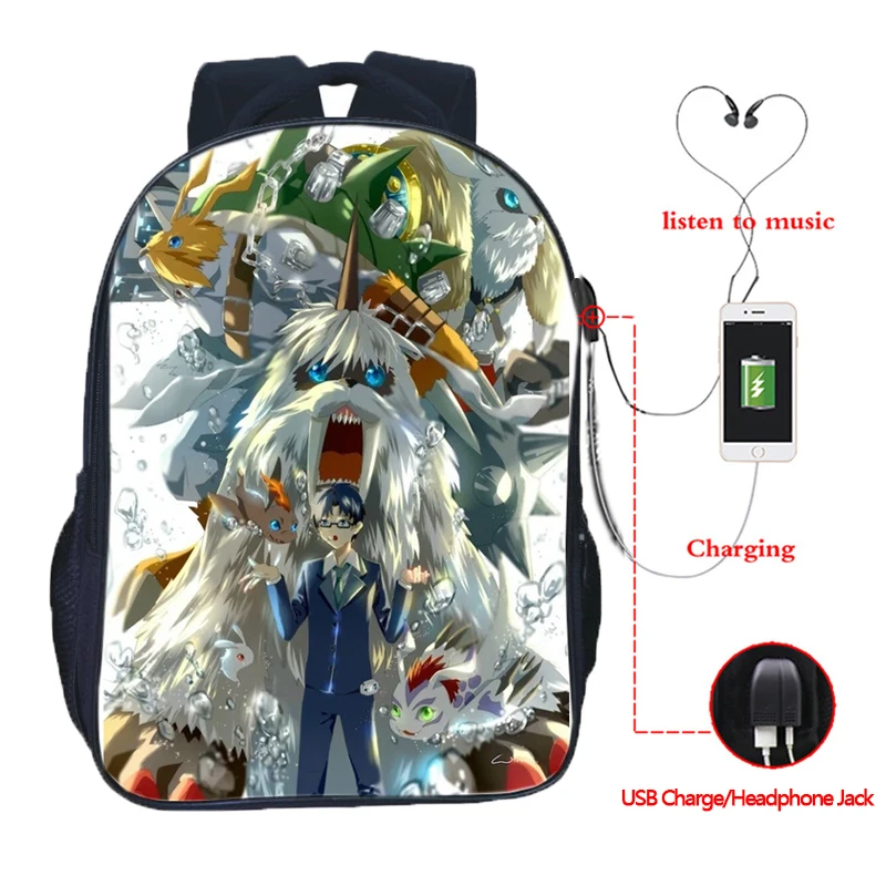 

DIGIMON ADVENTURE Digital Monster Backpack Fashion Beautiful USB Charging School Bags Beautiful Students Boys Girls Backpack