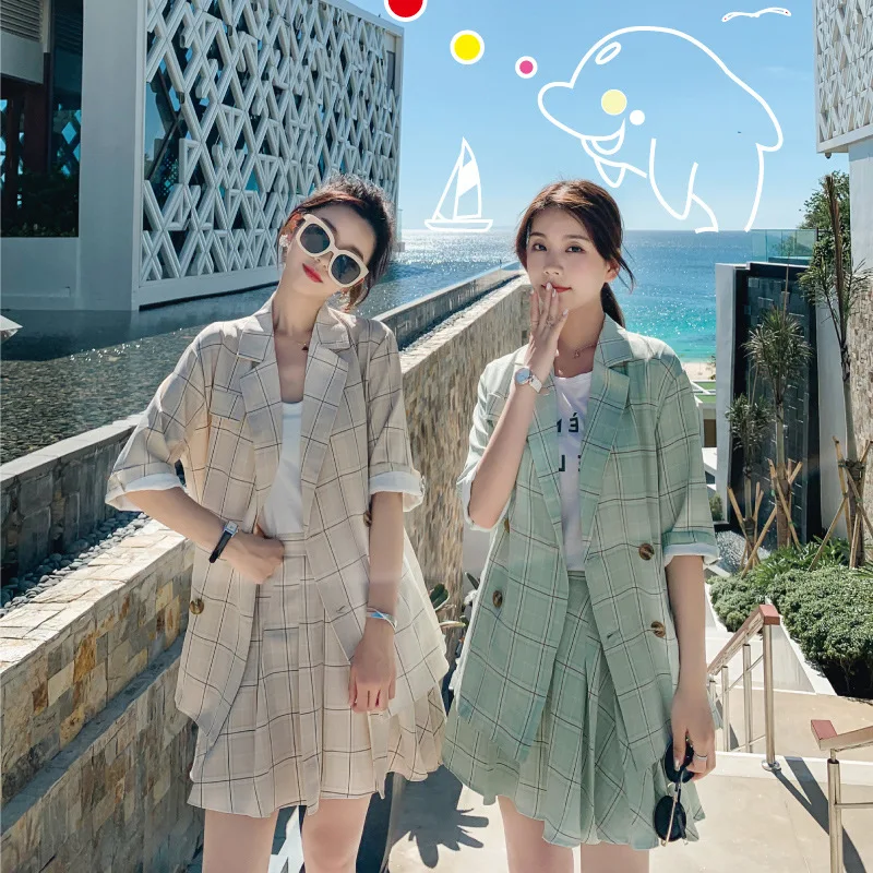 

Network Red Plaid Small Suit WOMEN'S Suit Summer Thin Korean-style Two-Piece Set European Goods French Non-mainstream Fashion Pl