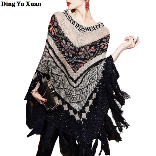 

Autumn Winter Warm Capes Ponchos for Women Oversized Shawls Wraps Cashmere Female Batwing Sleeve Loose Sweater Tassel Mujer